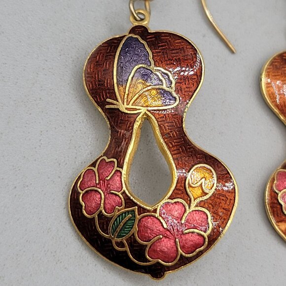 Vintage Cloisonné Enamel Dangle Earrings Red Floral Butterfly Design - Picture 2 of 3